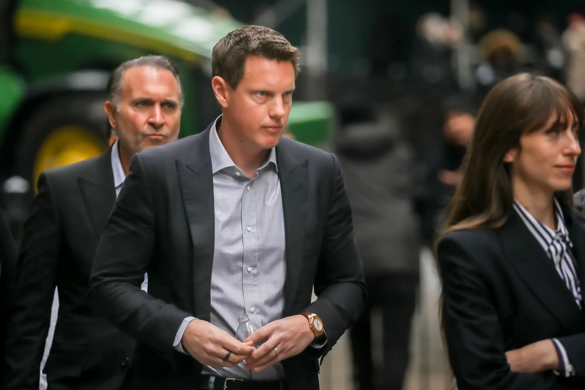David Ellison, chairman and chief executive officer of Paramount Skydance Corp., center, outside the New York Stock Exchange (NYSE) in New York, US, on Monday, Dec. 8, 2025. 