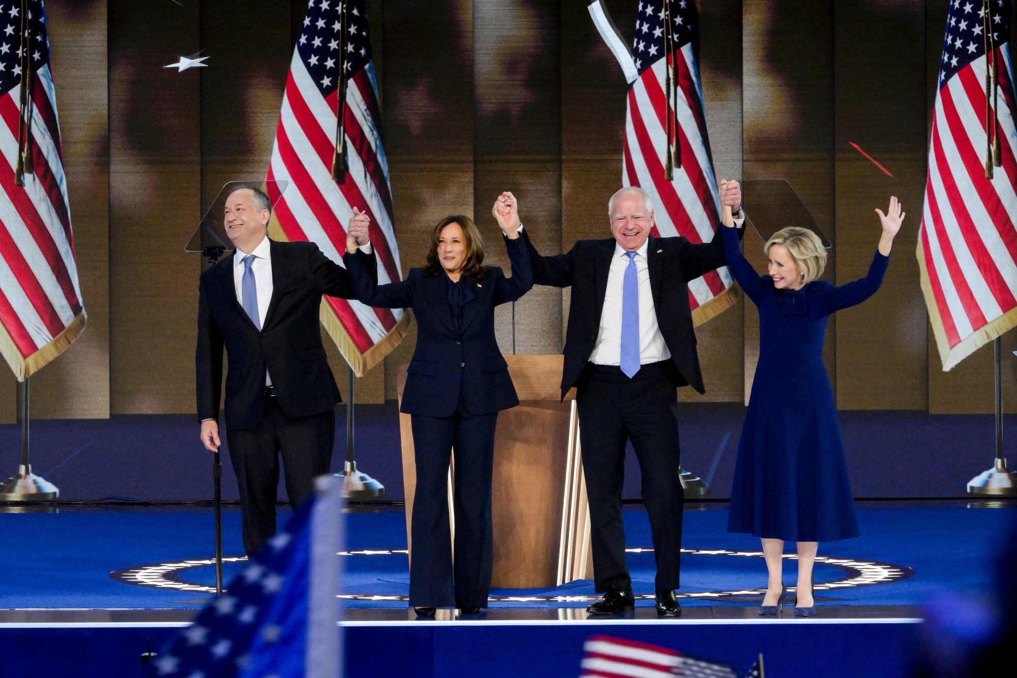 Doug Emhoff, from left,&nbsp;Kamala Harris, Tim Walz&nbsp;and Gwen Walz during the Democratic National Convention (DNC) in Chicago&nbsp;on&nbsp;Aug. 22.
