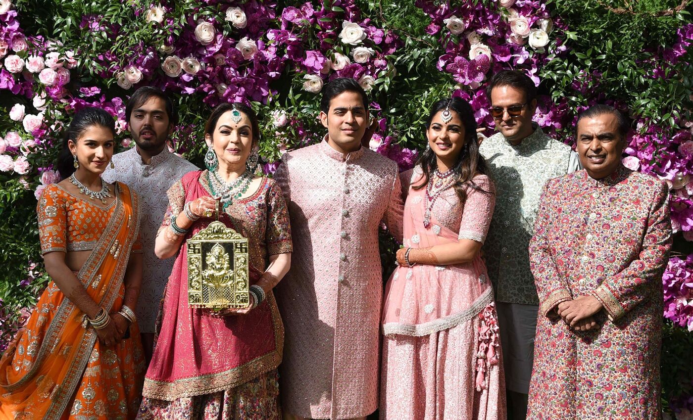 Akash Ambani, center, during the wedding ceremony in Mumbai on March 9. 