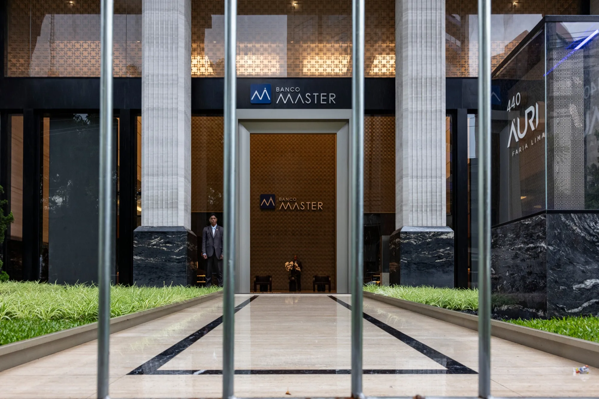 Barricades in front of the Banco Master headquarters in Sao Paulo.