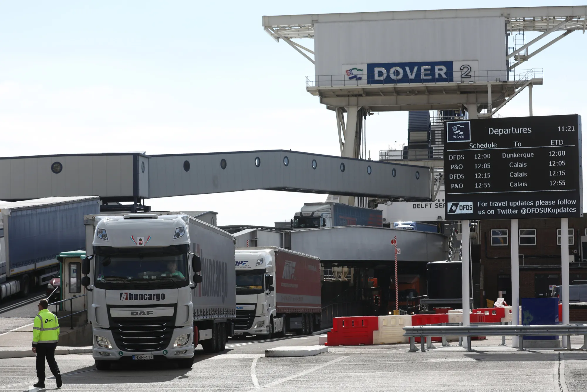 Cargo trucks disembark a cross channel ferry at the Port of Dover.