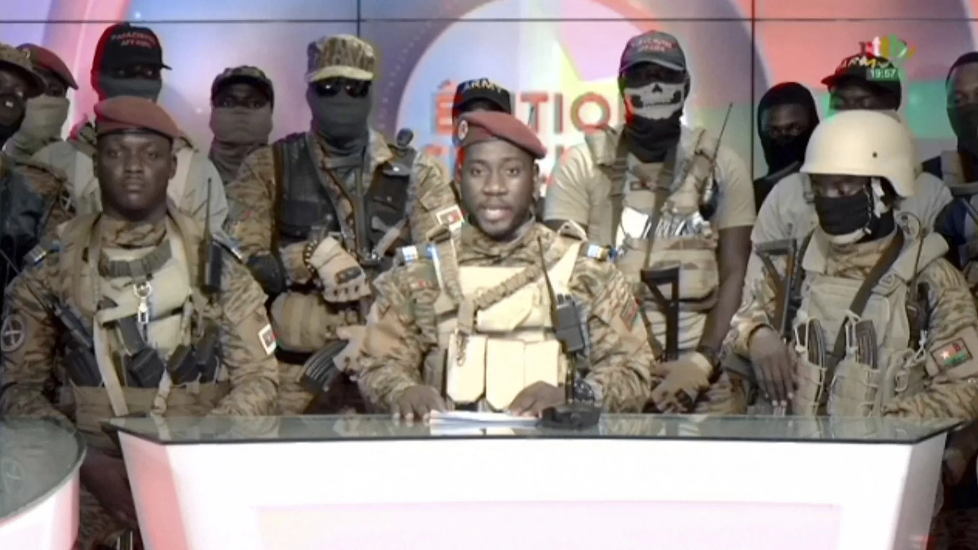 Coup spokesman Capt. Kiswendsida Farouk Azaria Sorgho reads a statement in a studio in Ougadougou, Burkina Faso, on&nbsp;Sept. 30.&nbsp;