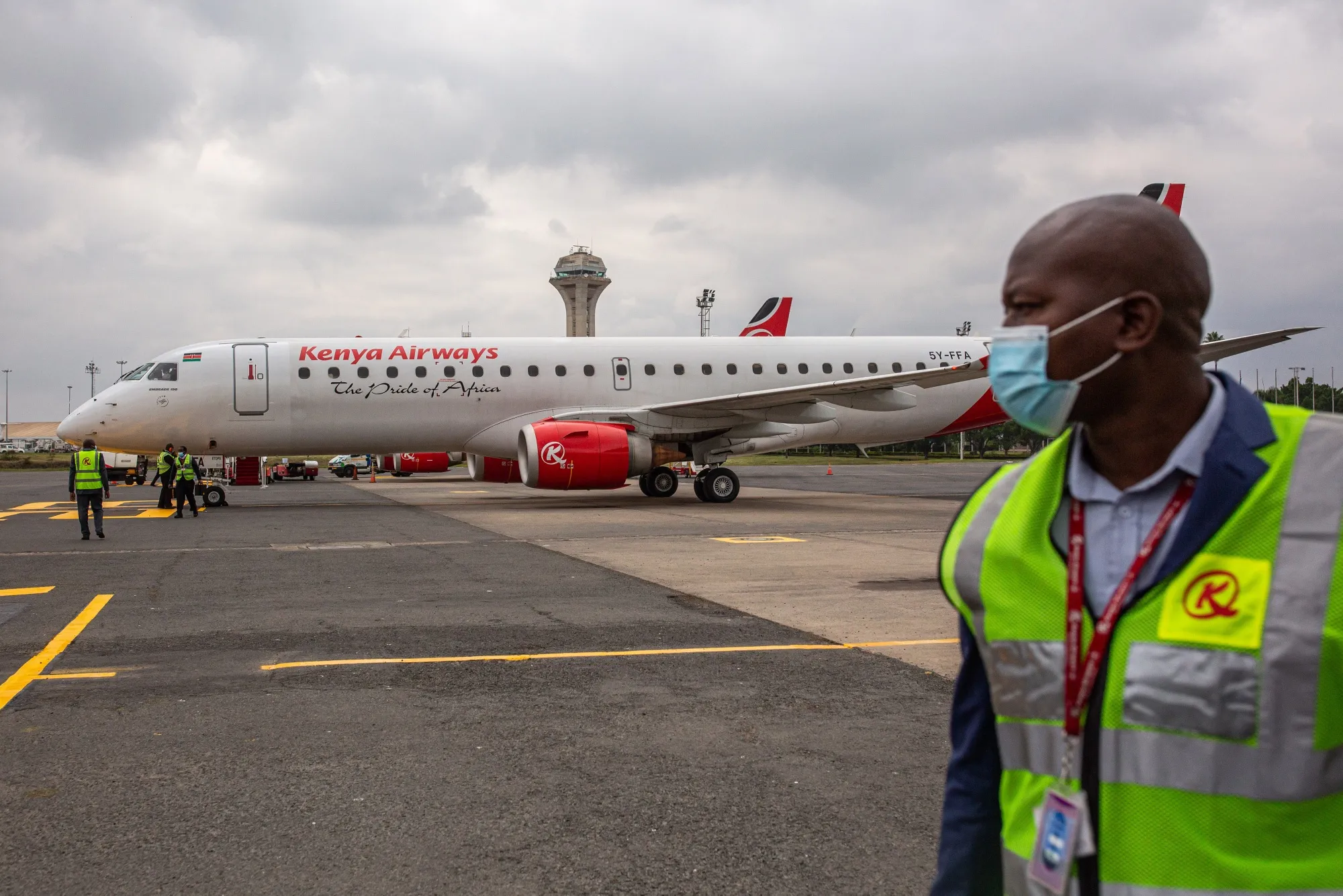 An Embraer SA 190 passenger aircraft, operated by Kenya Airways Ltd., on the tarmac&nbsp;at Jomo Kenyatta International Airport in Nairobi, Kenya.