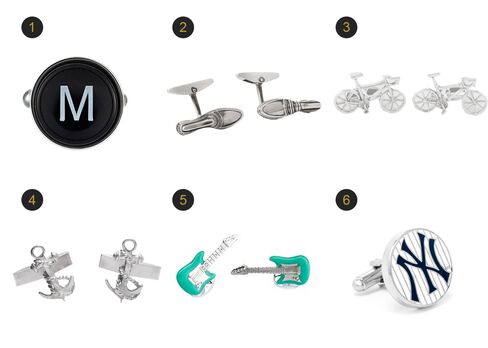 (1) Initial typewriter key cufflink, Barneys,$95, barneys.com; (2) Andy shoe-shaped silver cufflinks, Berluti, $640, mrporter.com; (3) Racing bike cufflinks, Paul Smith, $130, paulsmith.co.uk; (4) Miller's Passage Anchor Cufflinks, Cartography, $159, cartography.nyc;(5) Silver guitar cufflinks, Deakin & Francis, $520, deakinandfrancis.co.uk; (6) New York Yankees pinstripe cufflinks, MLB, $60, cufflinks.com