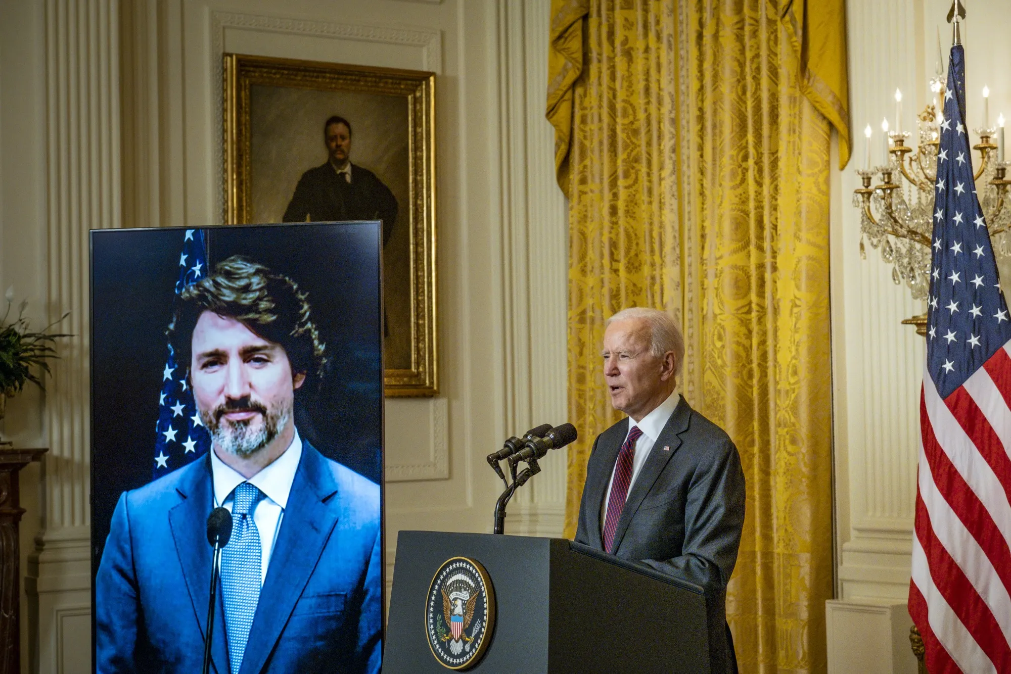President Joe Biden speaks during a virtual joint press conference with Justin Trudeau, Canada's prime minister, in Feb., 2021.&nbsp;