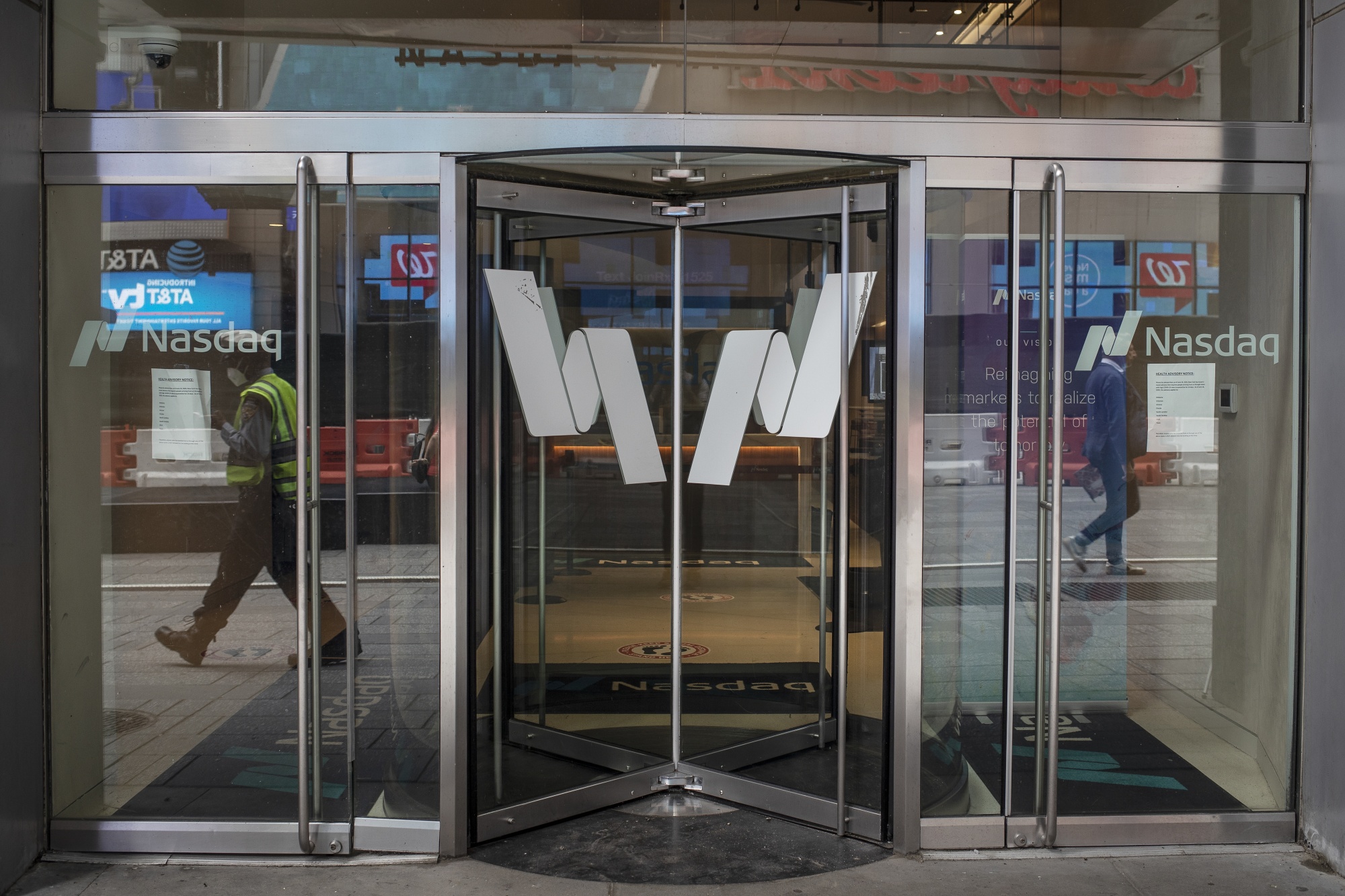 The doors at the Nasdaq MarketSite in&nbsp;New York City.