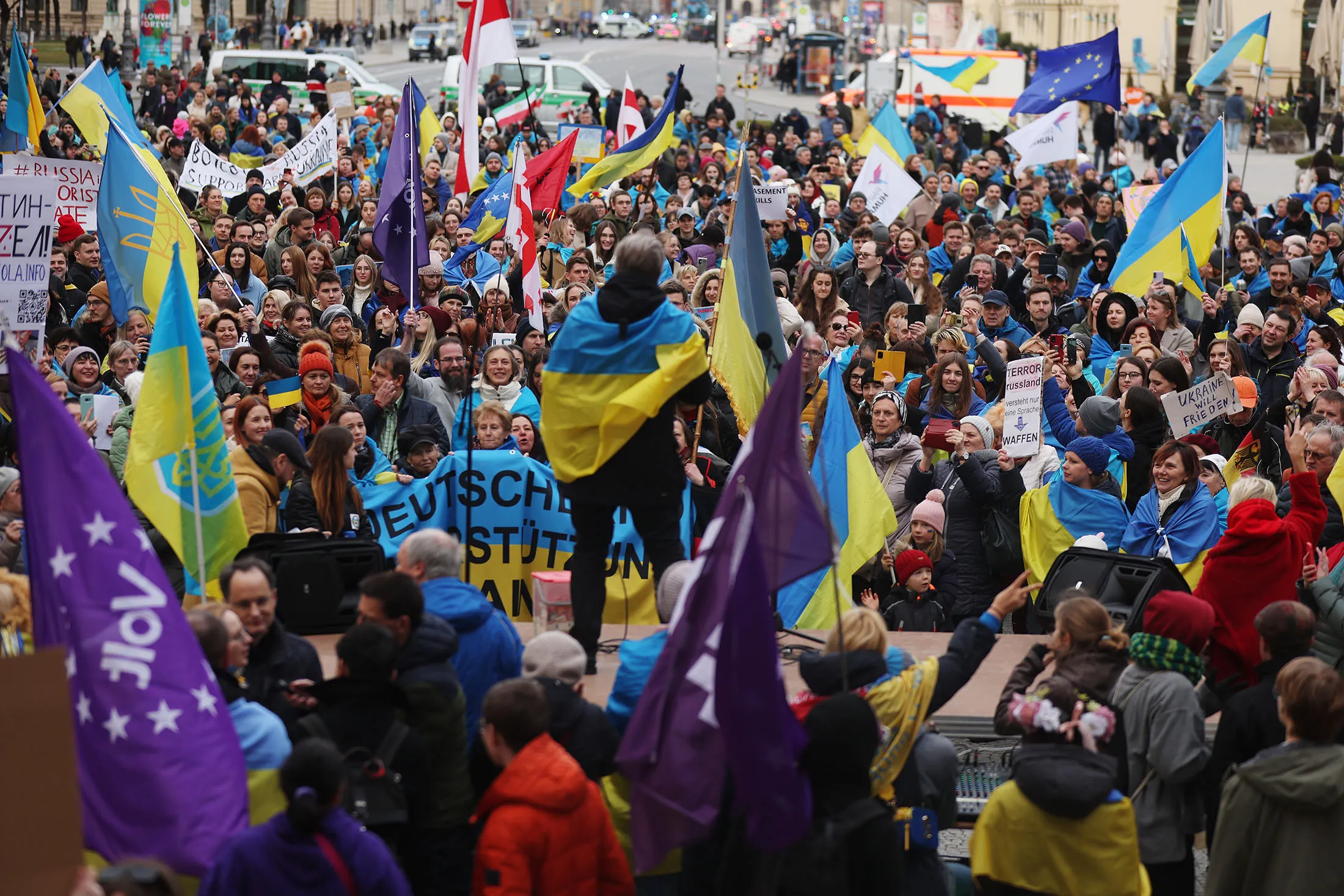 Pro Ukrainian supporters demonstrate on the sidelines of the Munich Security Conference in Munich, Germany,&nbsp;on Feb.&nbsp;18.