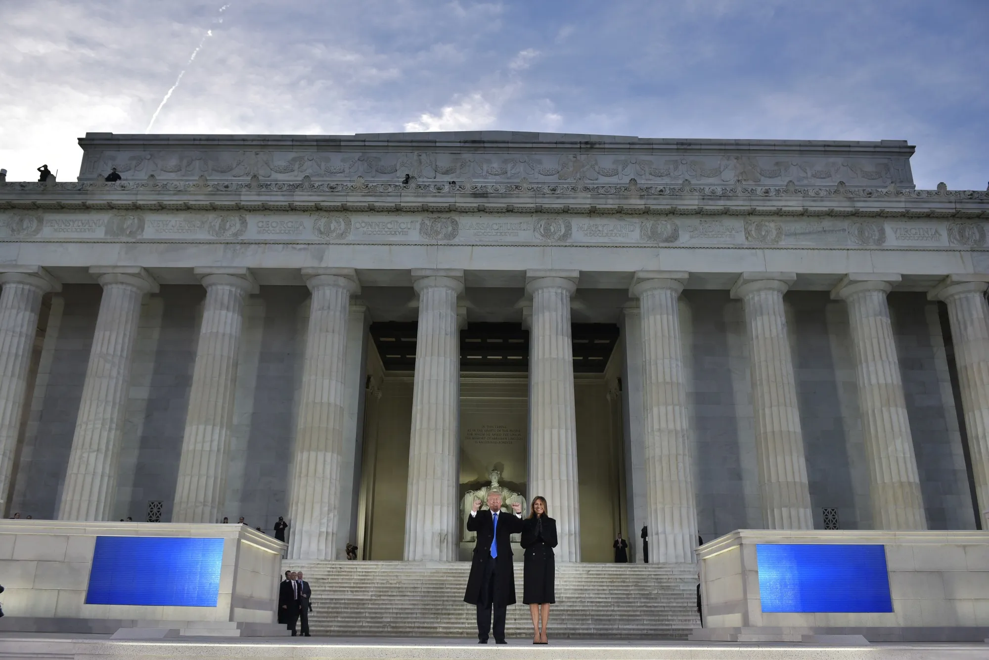 US President-elect Donald Trump and his wife, Melania, arrive for a welcome celebration at the Lincoln Memorial in Washington&nbsp;on Jan. 19, 2017.