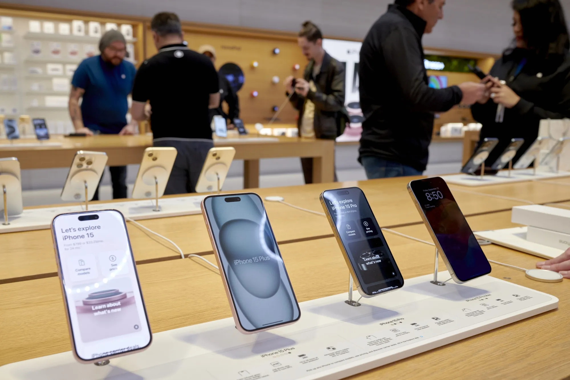 Apple iPhone 15 smartphones on sale at the company's Fifth Avenue store in New York.