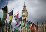 Flags of the Commonwealth nations are displayed in Parliament Square in London.