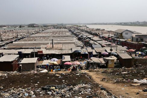 Shacks made of wood and corrugated iron in Yenagoa, southern Nigeria.