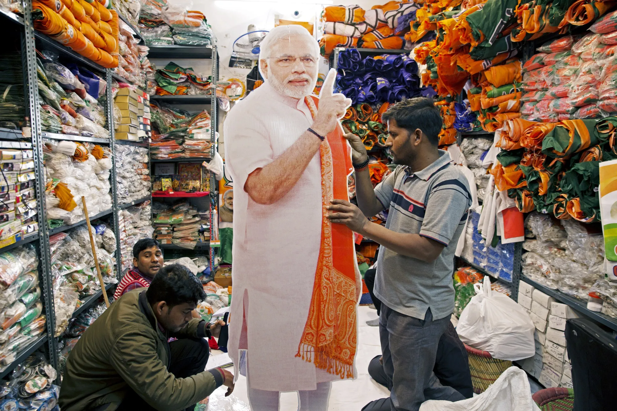 A Modi cutout in a store at the Sadar Bazaar market in New Delhi.