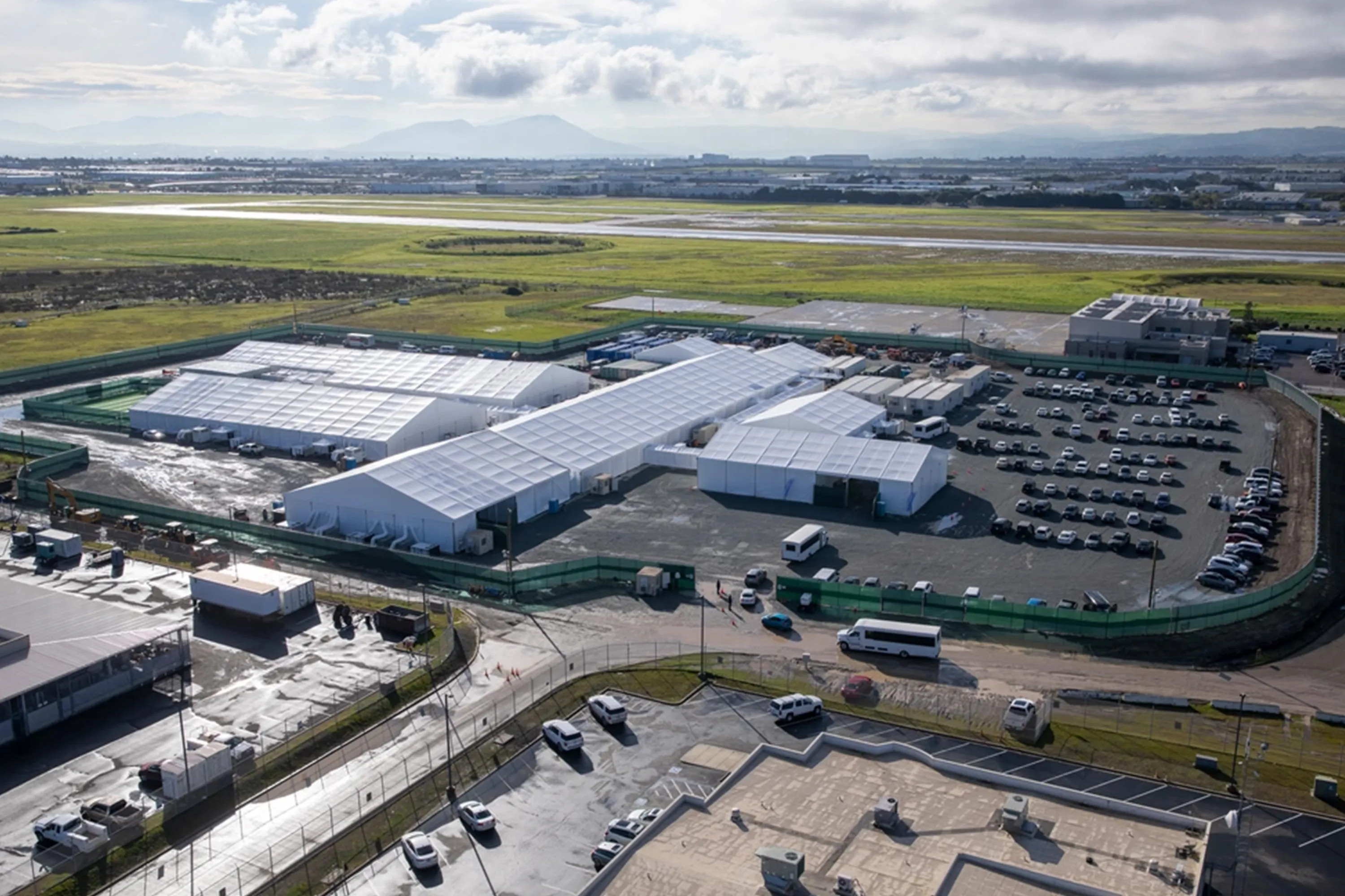 In this photograph distributed by the US Customs and Border Protection Office of Public Affairs, an aerial view of the&nbsp;soft-sided facility in Otay Mesa, California.