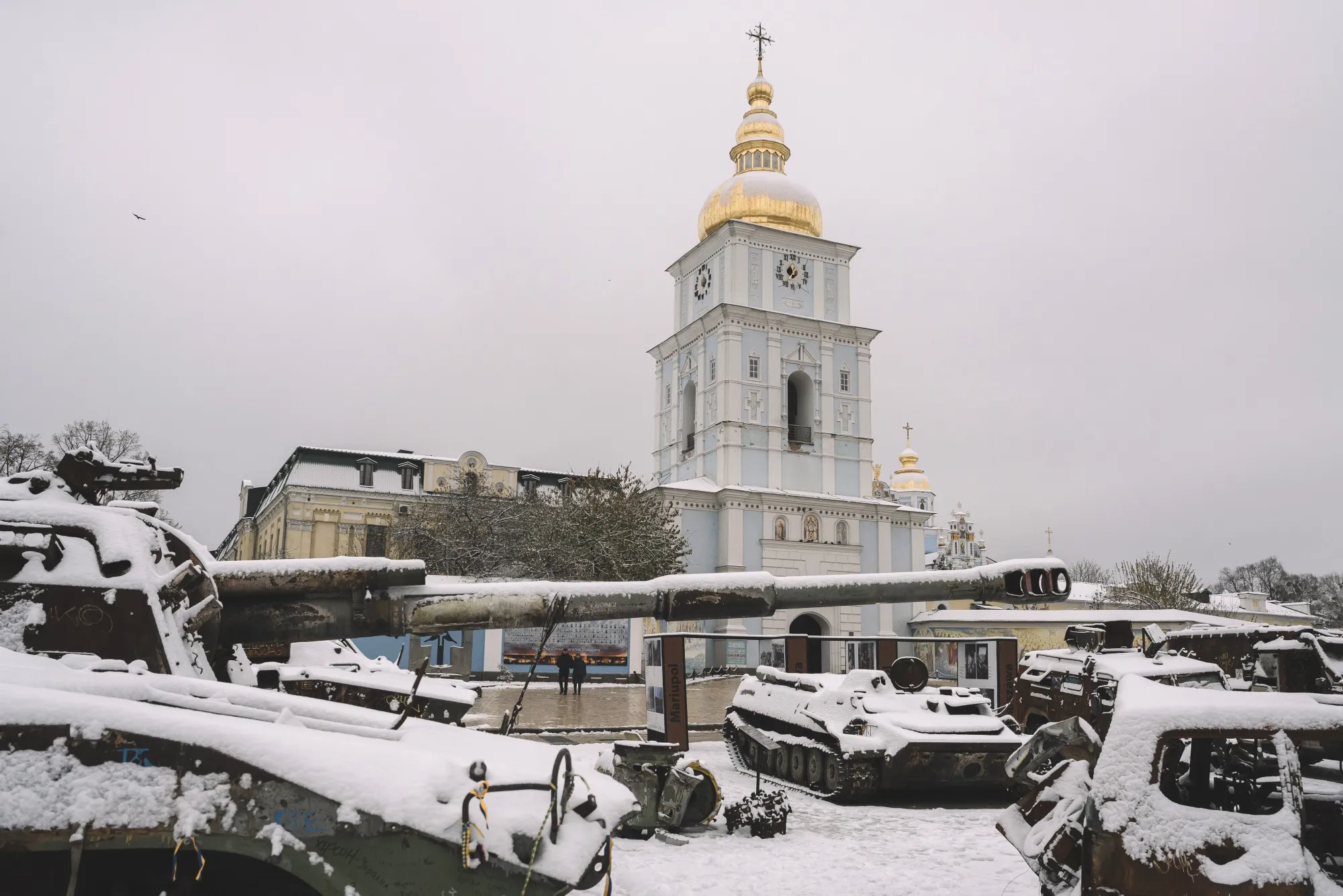 An exhibit of destroyed Russian military equipment covered in snow in Kyiv, on Nov. 22.