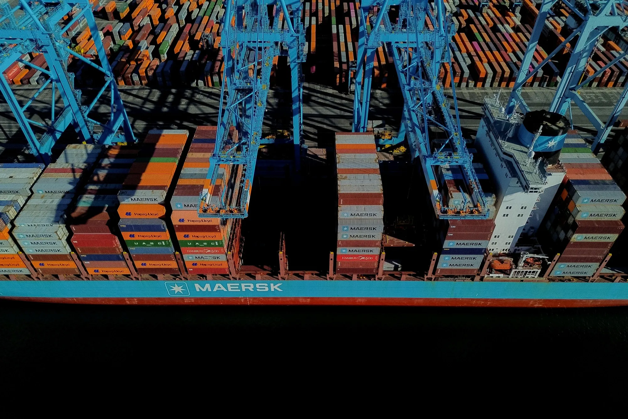 A Maersk container ship at the Port of Los Angeles.