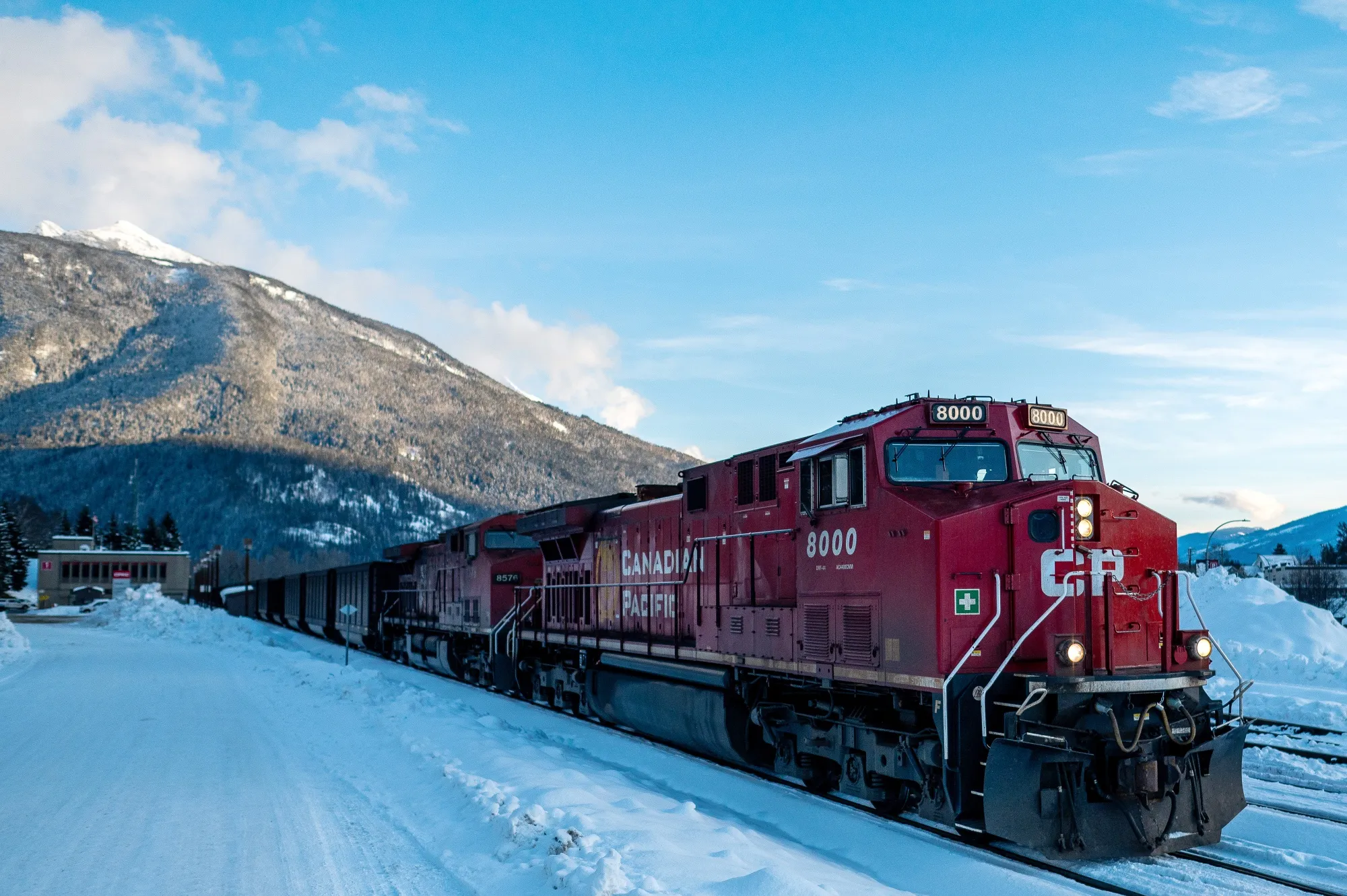 A Canadian Pacific train carrying coal departs a rail yard in Revelstoke, British Columbia.