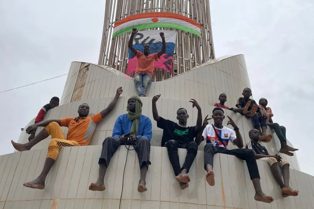 Supporters of the Nigerien defence and security forces outside the national assembly in Niamey.&nbsp;
