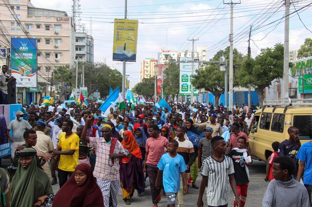 Protesters take part in a rally against the recent Ethiopia-Somaliland port agreement in Mogadishu, on Jan. 11.