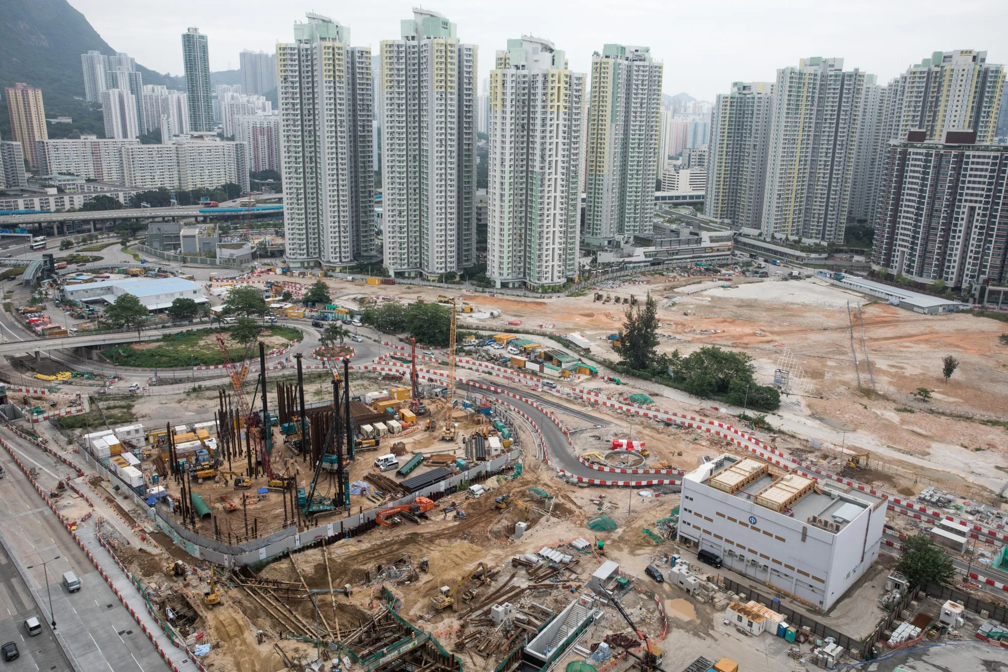 Construction site at the former Kai Tak airport area in Hong Kong.