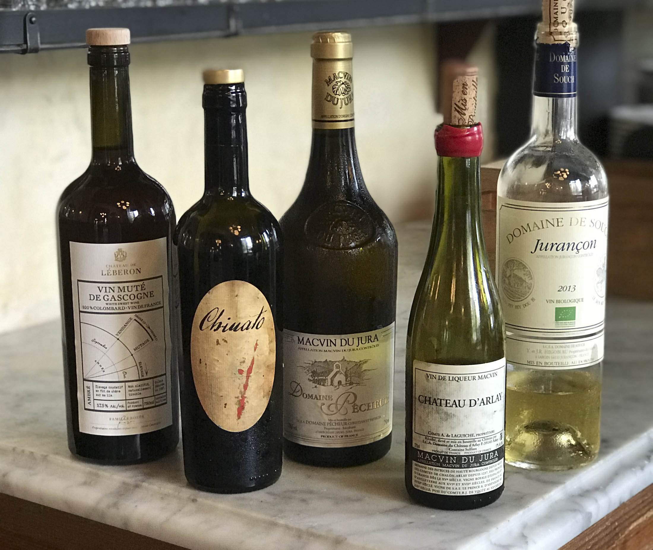 Dessert wines at Reynard&nbsp;in Brooklyn. Pricing is by the glass (3 oz.), gratuity included: Château de Léberon Vin Muté de Gascogne ($15), Vergano Chinato ($18), , Domaine Pêcheur Macvin blanc ($17), Château d’Arlay Macvin rouge ($16),&nbsp;Domaine de Souch Jurançon ($15).