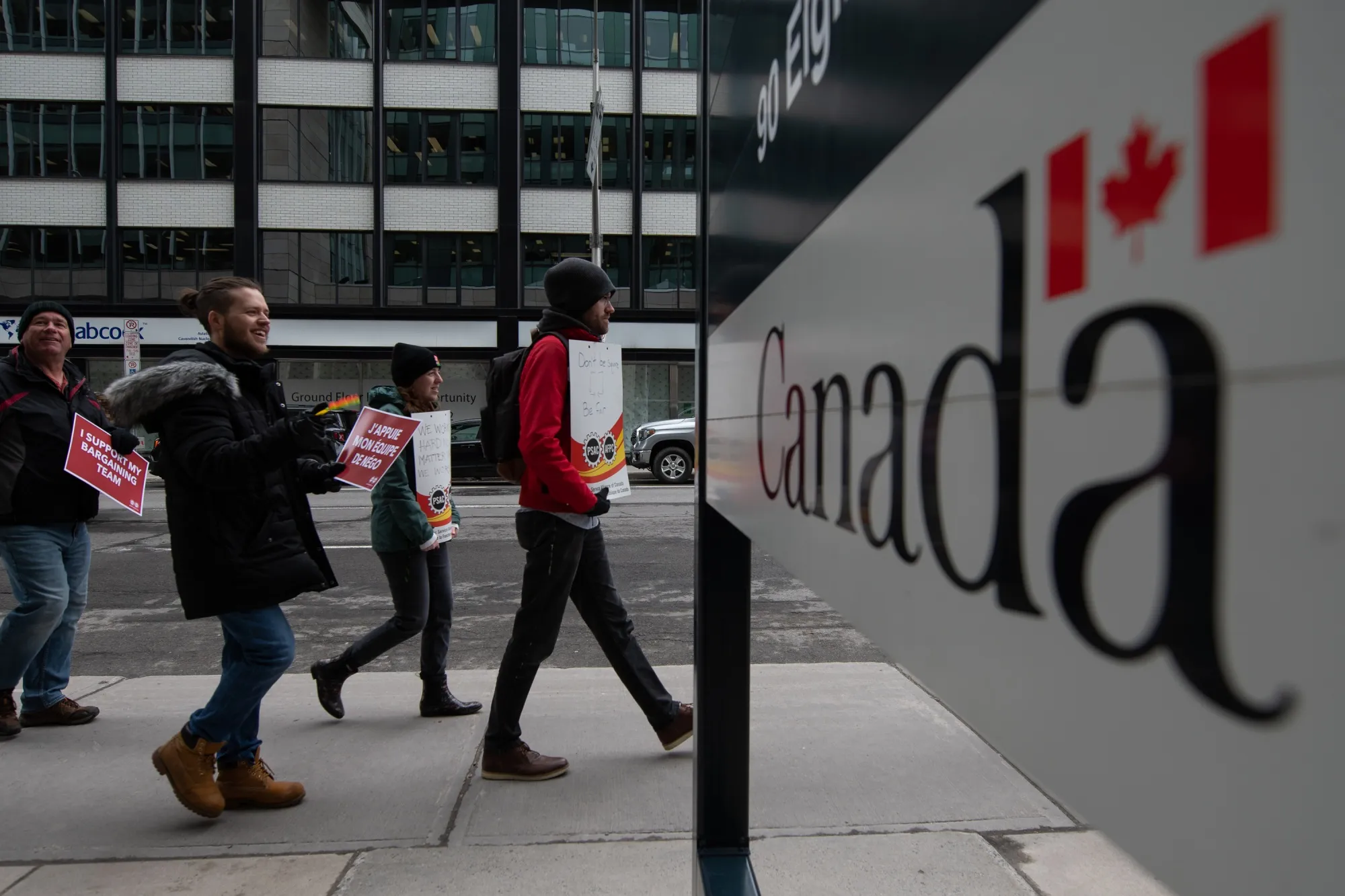 Demonstrators during a Public Service Alliance of Canada strike in Ottawa, Ontario, Canada, on&nbsp;April 19.