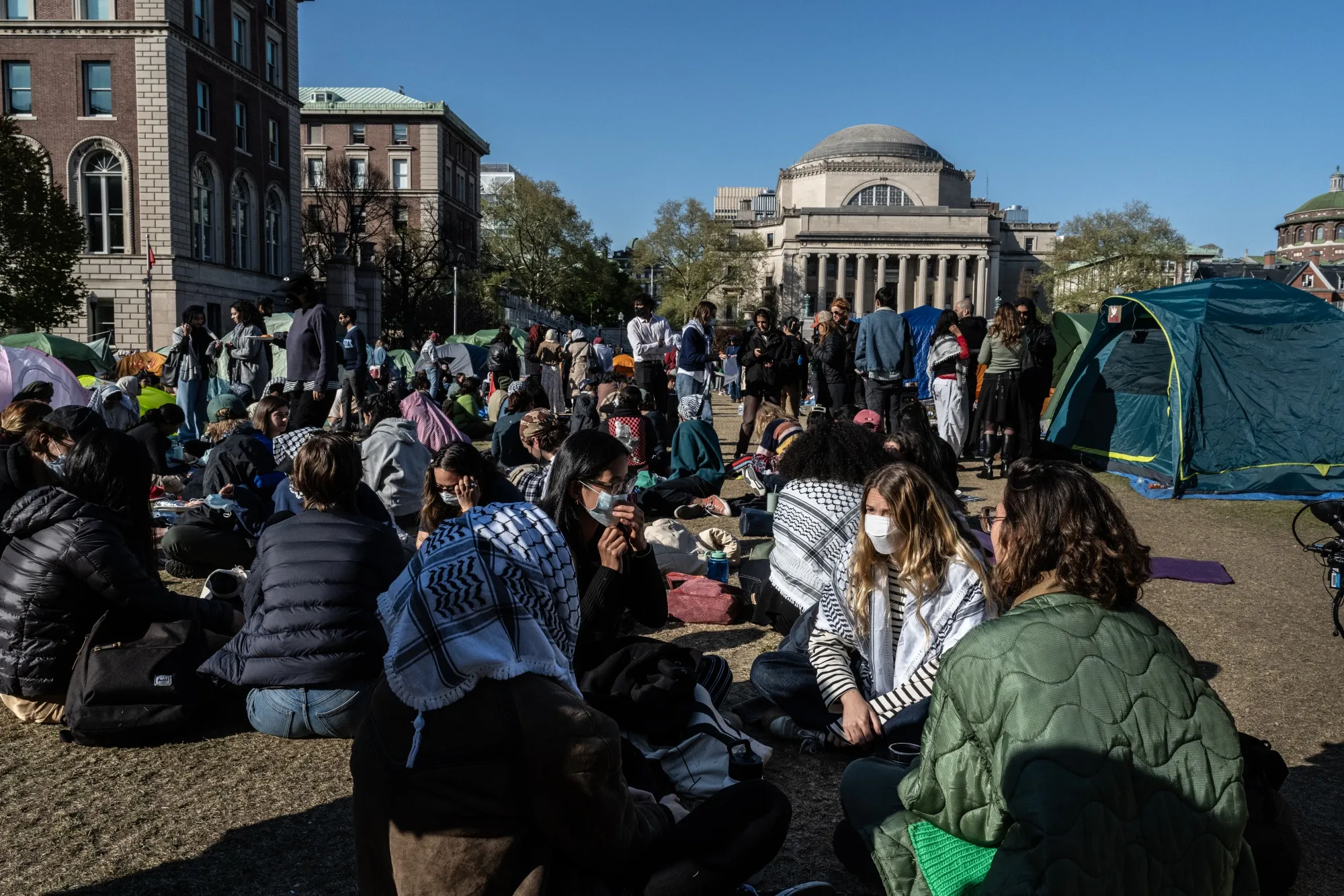 Columbia University students participate in a pro-Palestinian encampment on campus&nbsp;in New York City on April 26.&nbsp;