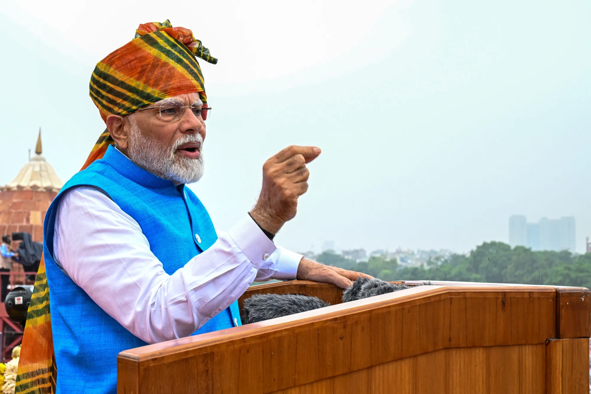 Narendra Modi speaks during the nation’s Independence Day ceremony at Red Fort in New Delhi on Aug 15.