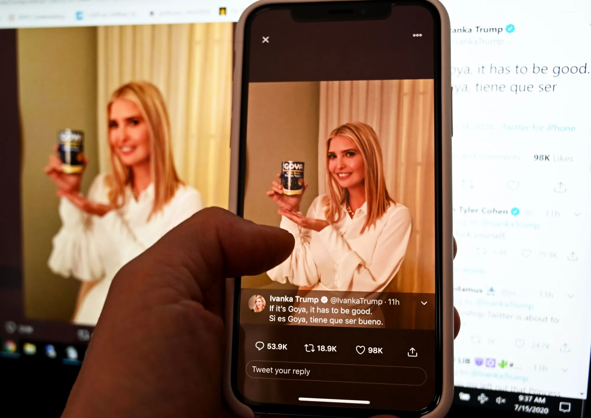 A photograph of the Twitter page of Ivanka Trump&nbsp;in which she holds up a can of Goya beans.