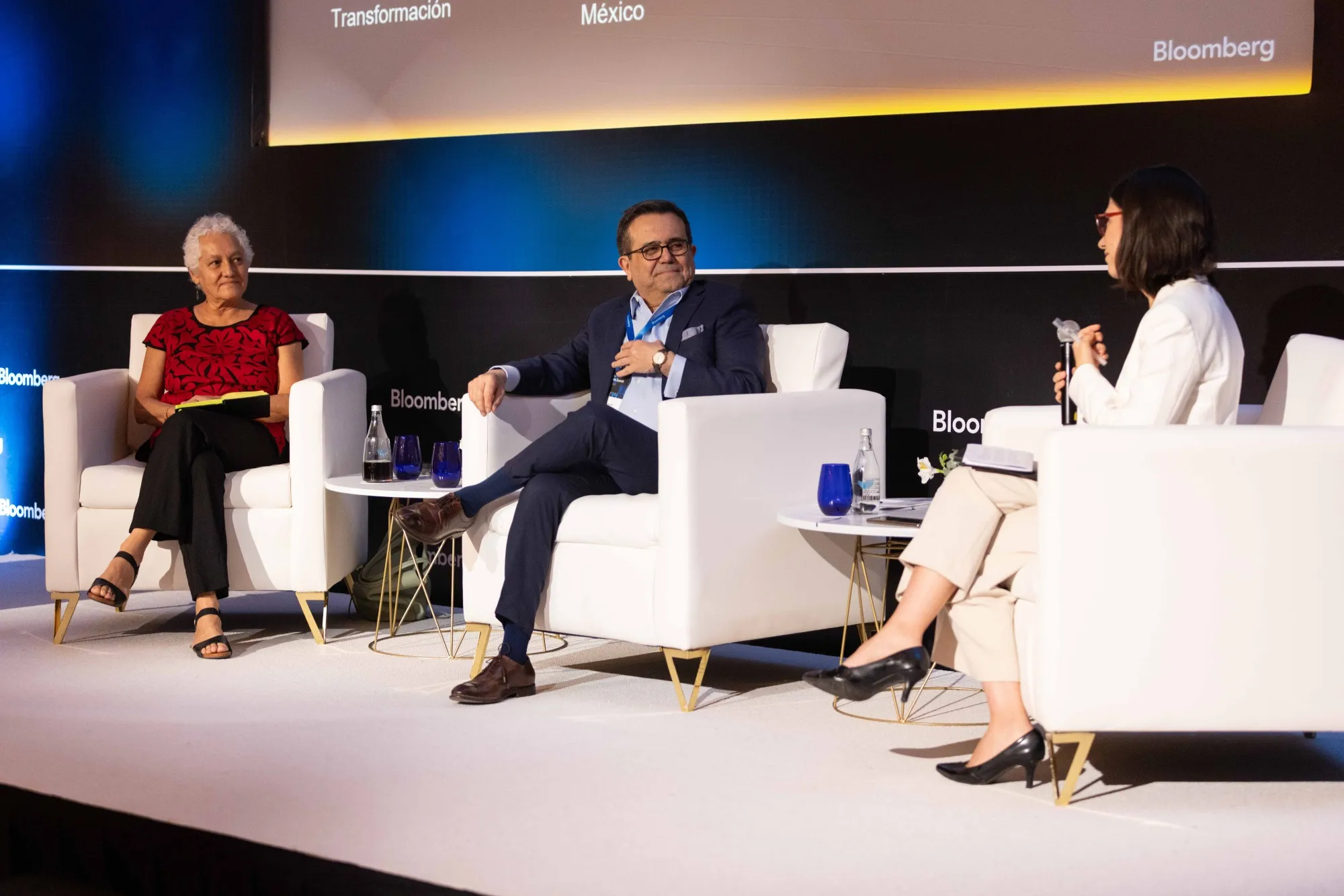 Diana Alarcon, adviser to Mexico leading presidential candidate Claudia Sheinbaum; Ildefonso Guajardo, adviser to opposition presidential candidate Xochitl Galvez; and Carolina Millan, Bloomberg News Mexico City Bureau Chief speak at the Bloomberg Insights Summit in Mexico City on April 24, 2024.