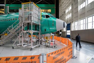 A Boeing 737 Max passenger jet at the company's manufacturing facility in Renton, Washington, US.