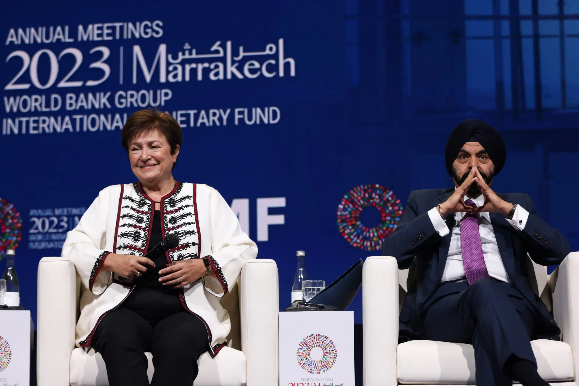 Kristalina Georgieva and Ajay Banga during a panel in Marrakesh, Morocco, in&nbsp;2023.