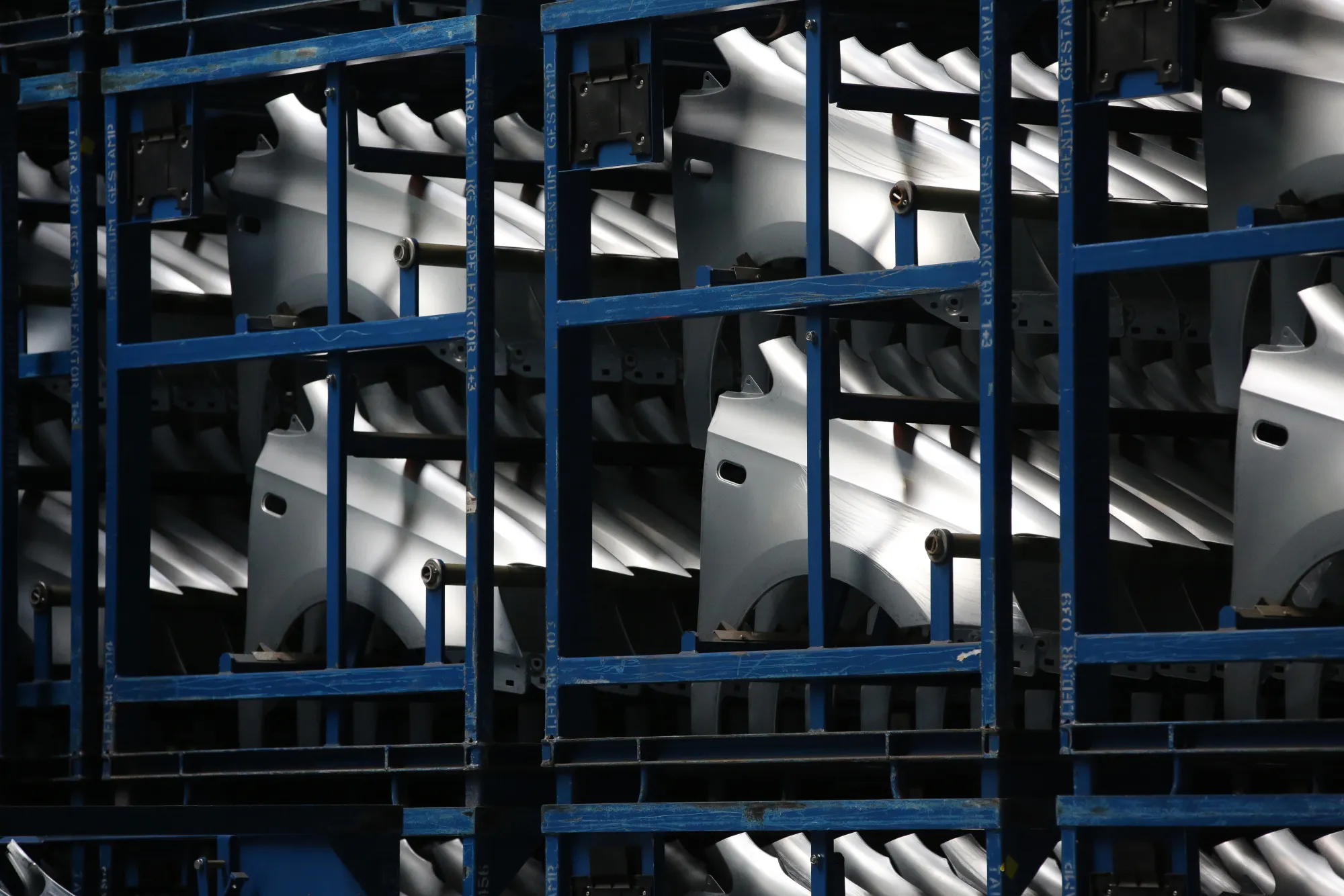 Steel body panels for VW Polo automobiles sit in storage racks at the Gestamp-Severstal-Kaluga OOO plant in Kaluga, Russia, on Tuesday, Sept. 19, 2017. VW's return from debt market exile following its 2015 diesel emissions scandal has helped propel European bond sales past 1 trillion euros ($1.2 trillion) one month earlier than in 2016.