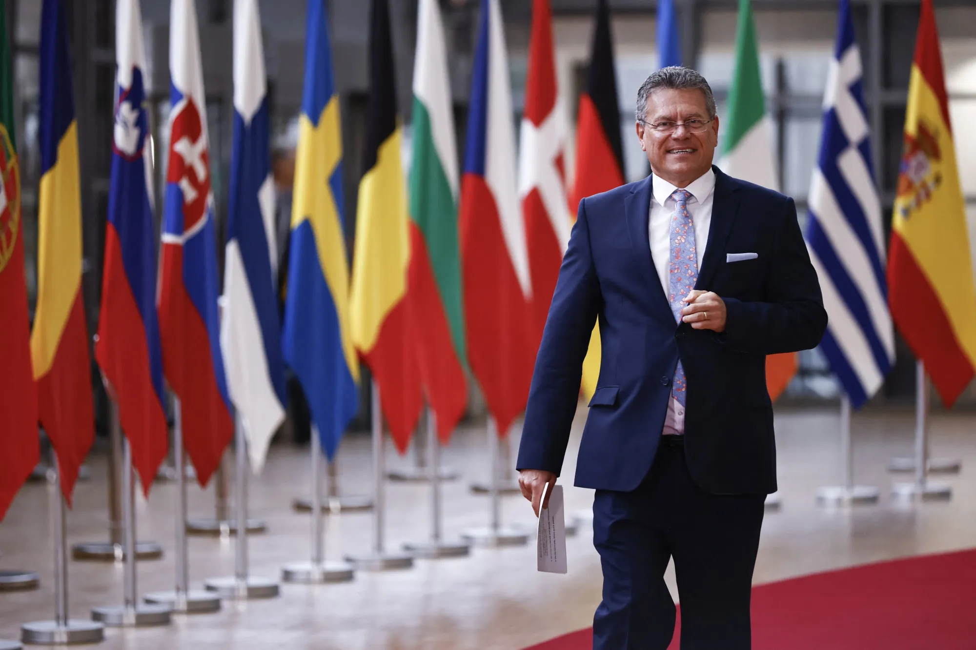 EU Commissioner for Trade and Economic Security, Maros Sefcovic arrives at the Europa building in Brussels, on May 15.