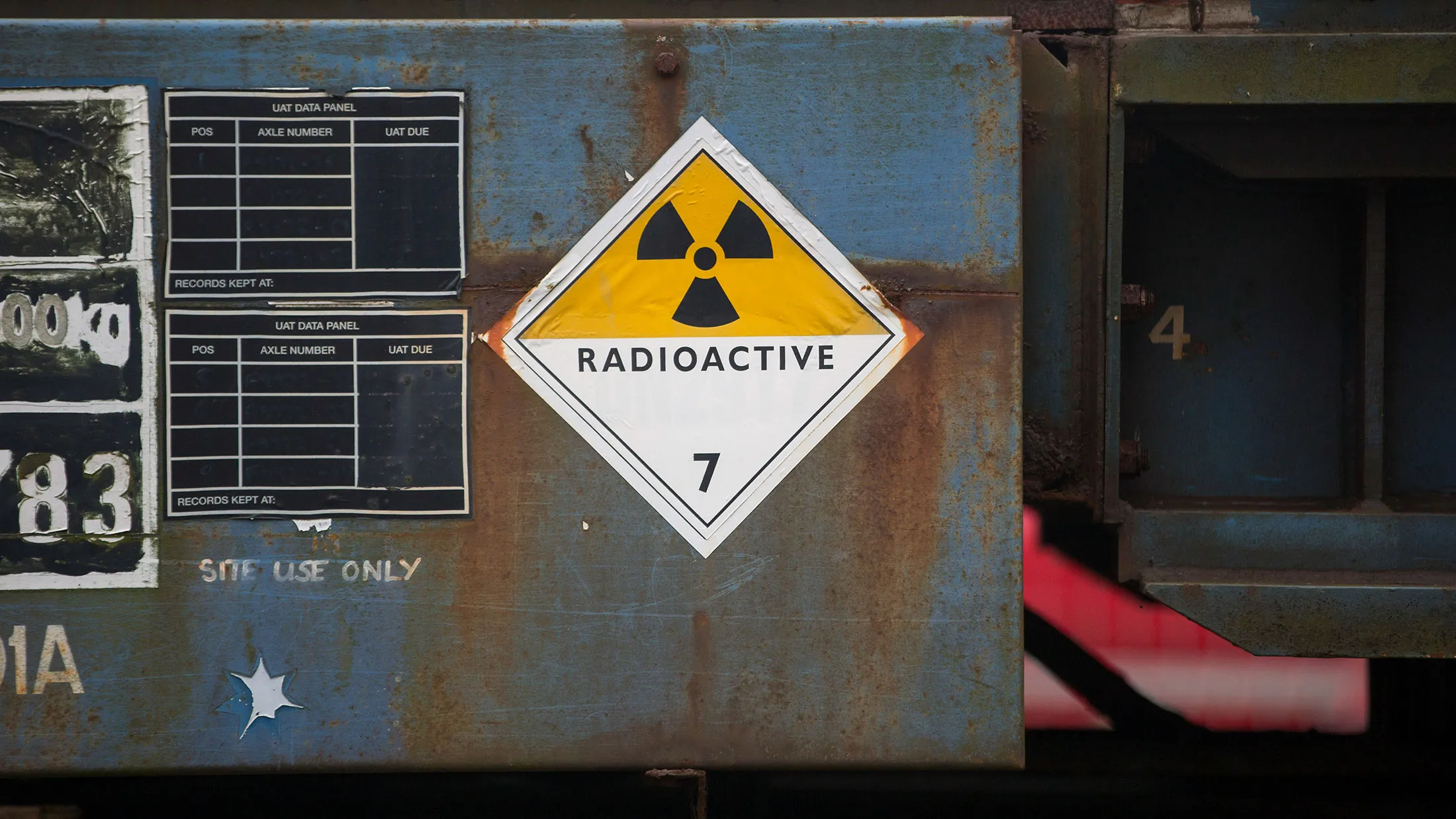 A radioactive warning sign sits on the side of a railway goods wagon parked in the sidings of Sellafield atomic fuel reprocessing site, operated by Sellafield Ltd., in Seascale, U.K., on Monday, Dec. 19, 2016.

