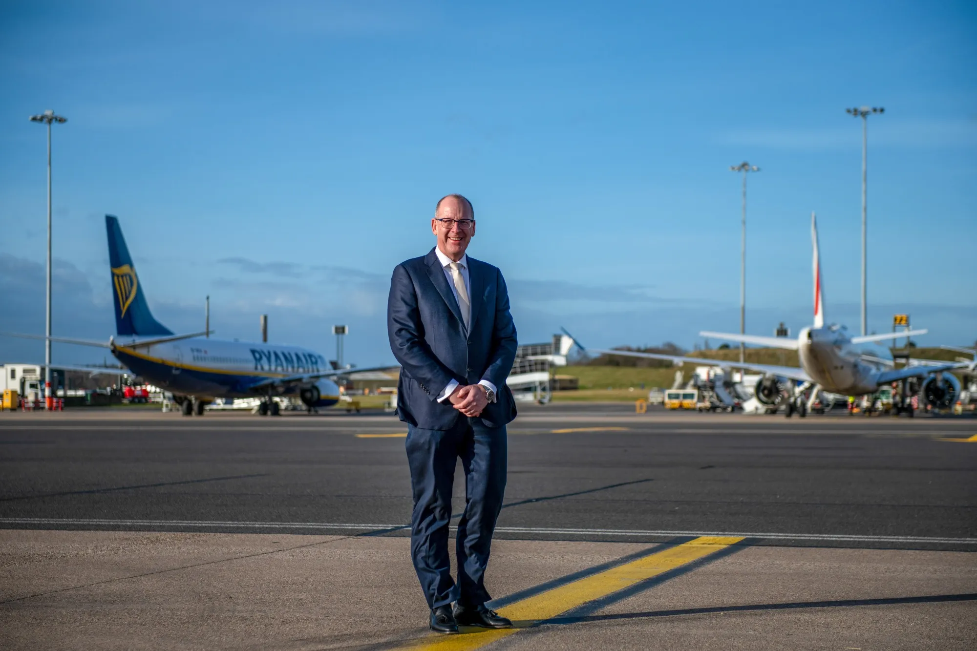 Nick Barton on the tarmac at the airport in Birmingham, UK, on Dec. 21, 2023.