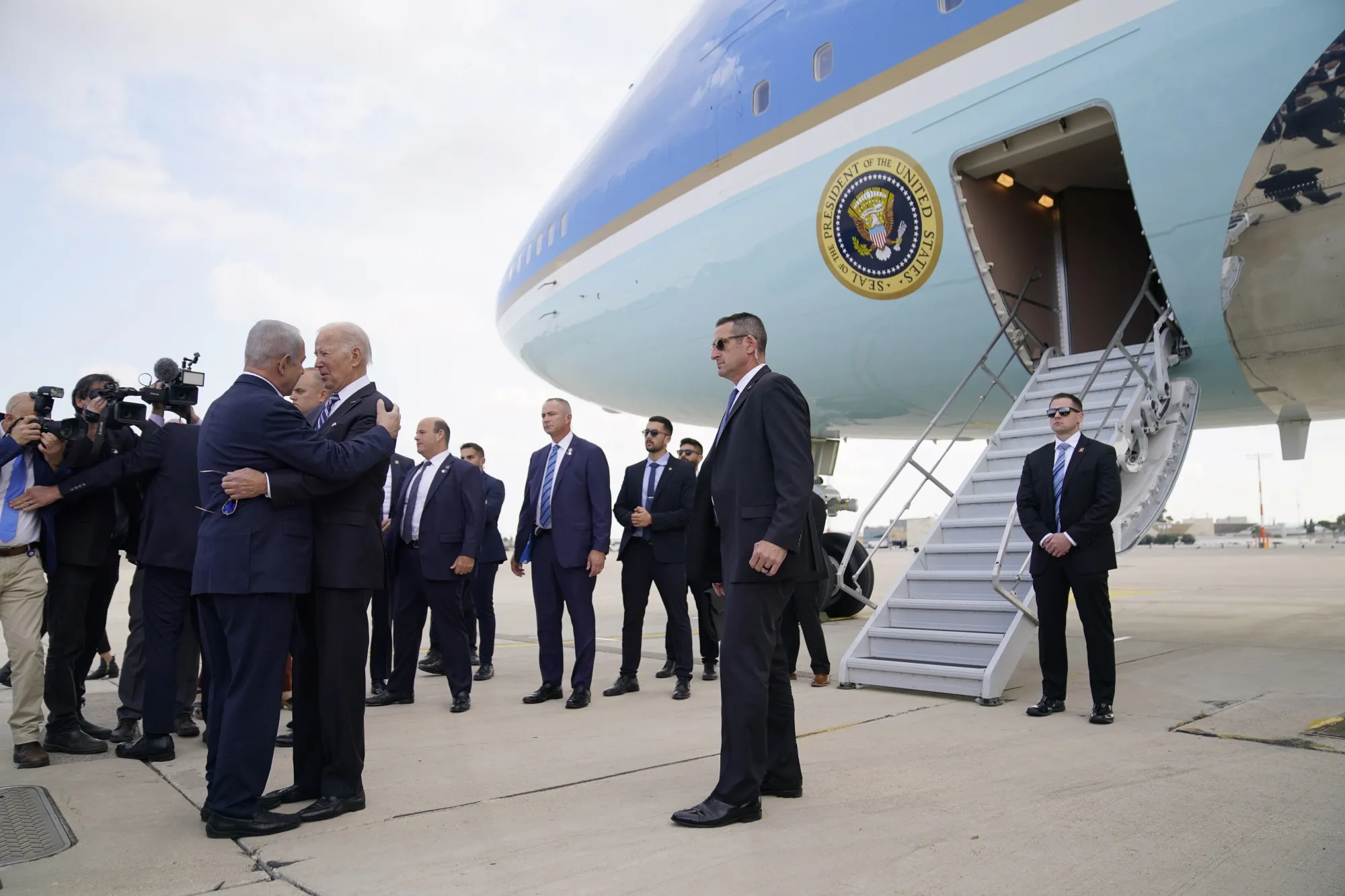 US President Joe Biden is greeted by Israeli Prime Minister&nbsp;Benjamin Netanyahu in Tel Aviv on Oct. 18.