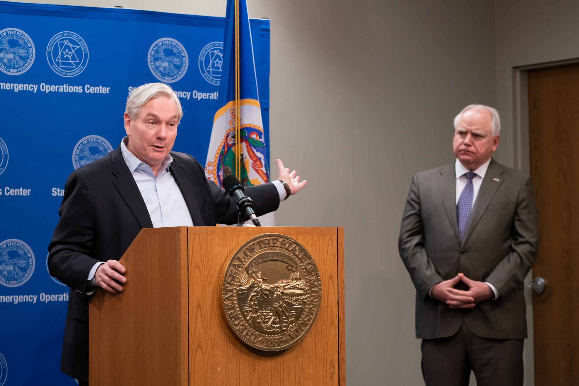 Dr. Michael Osterholm, left, Minnesota governor Tim Walz, right, April 2020, by Glen Stubbe, Star Tribune