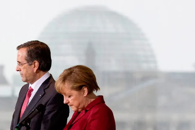 German Chancellor Angela Merkel, right, and Greek Prime Minister Antonis Samaras at the Chancellery in Berlin on Jan. 8