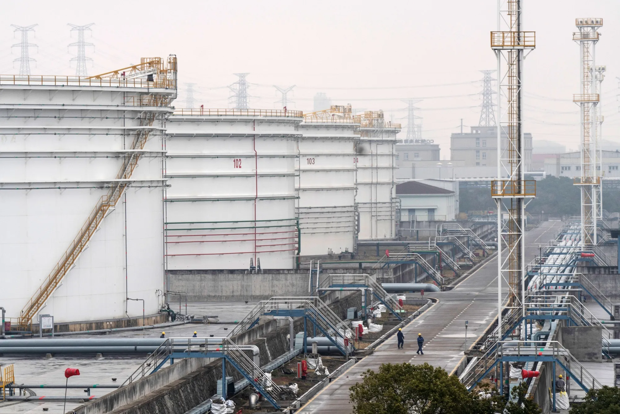 Oil storage tanks at a China Petroleum &amp; Chemical Corp. (Sinopec) facility near Ningbo, China.