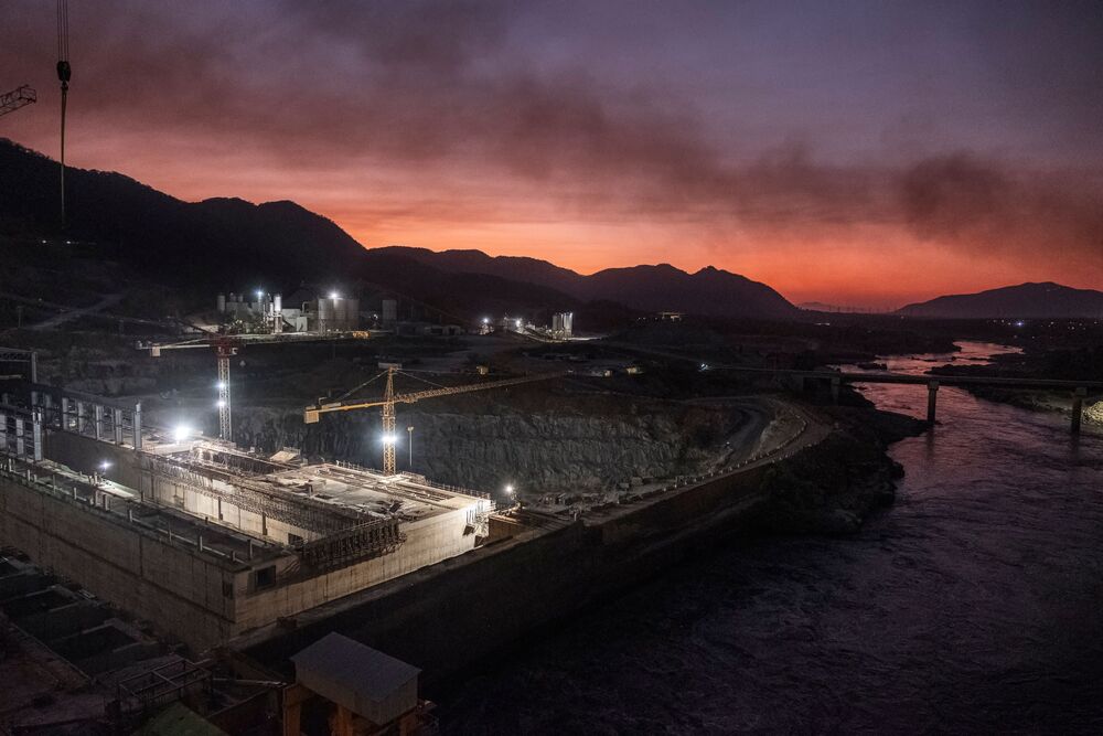 The Blue Nile river passes through the Grand Ethiopian Renaissance Dam near Guba, Ethiopia.