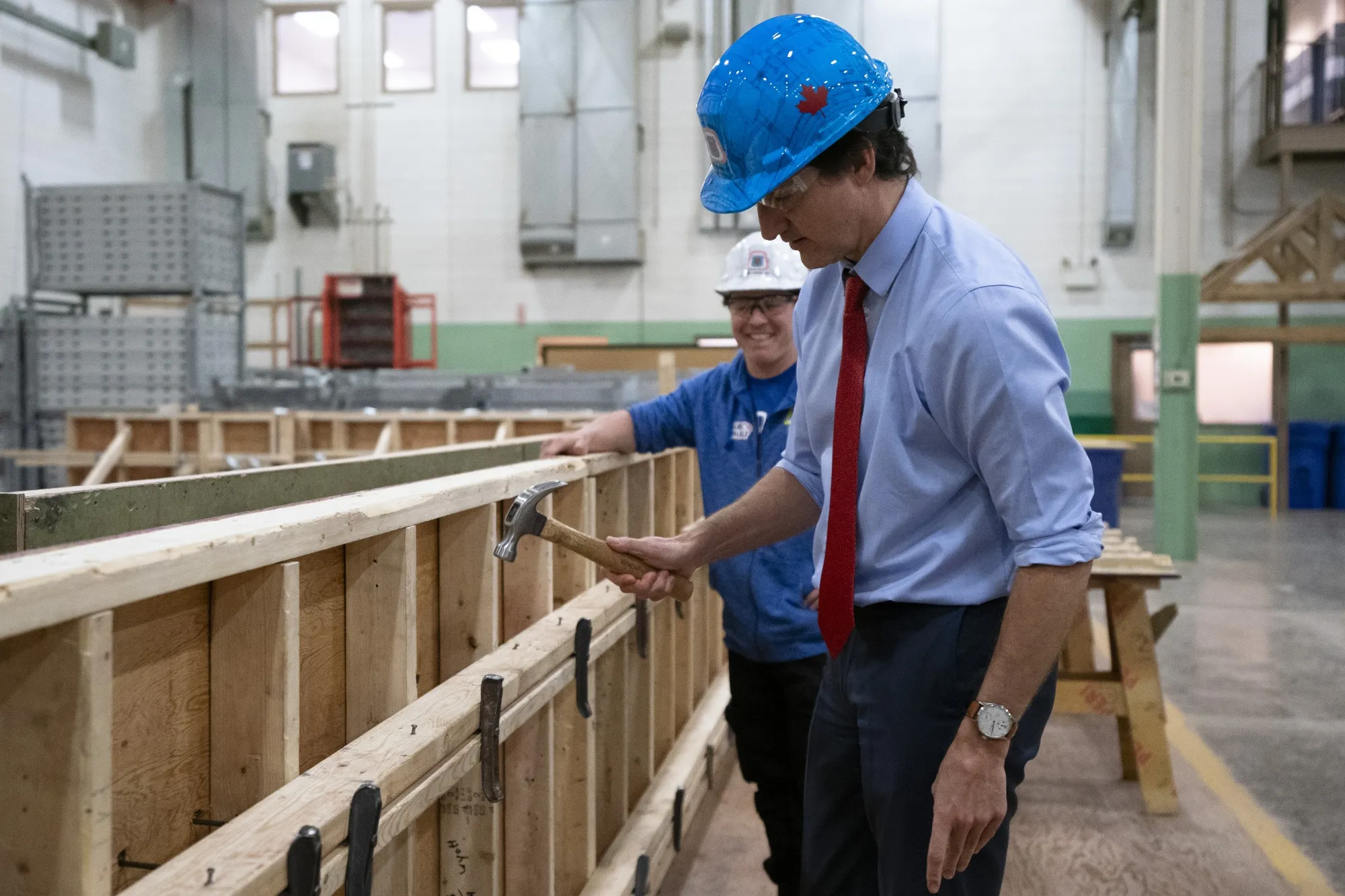 Canadian Prime Minister Justin Trudeau at the College of Carpenters and Allied Trades Training Centre in Woodbridge, Ontario,&nbsp;on Friday, April 12.