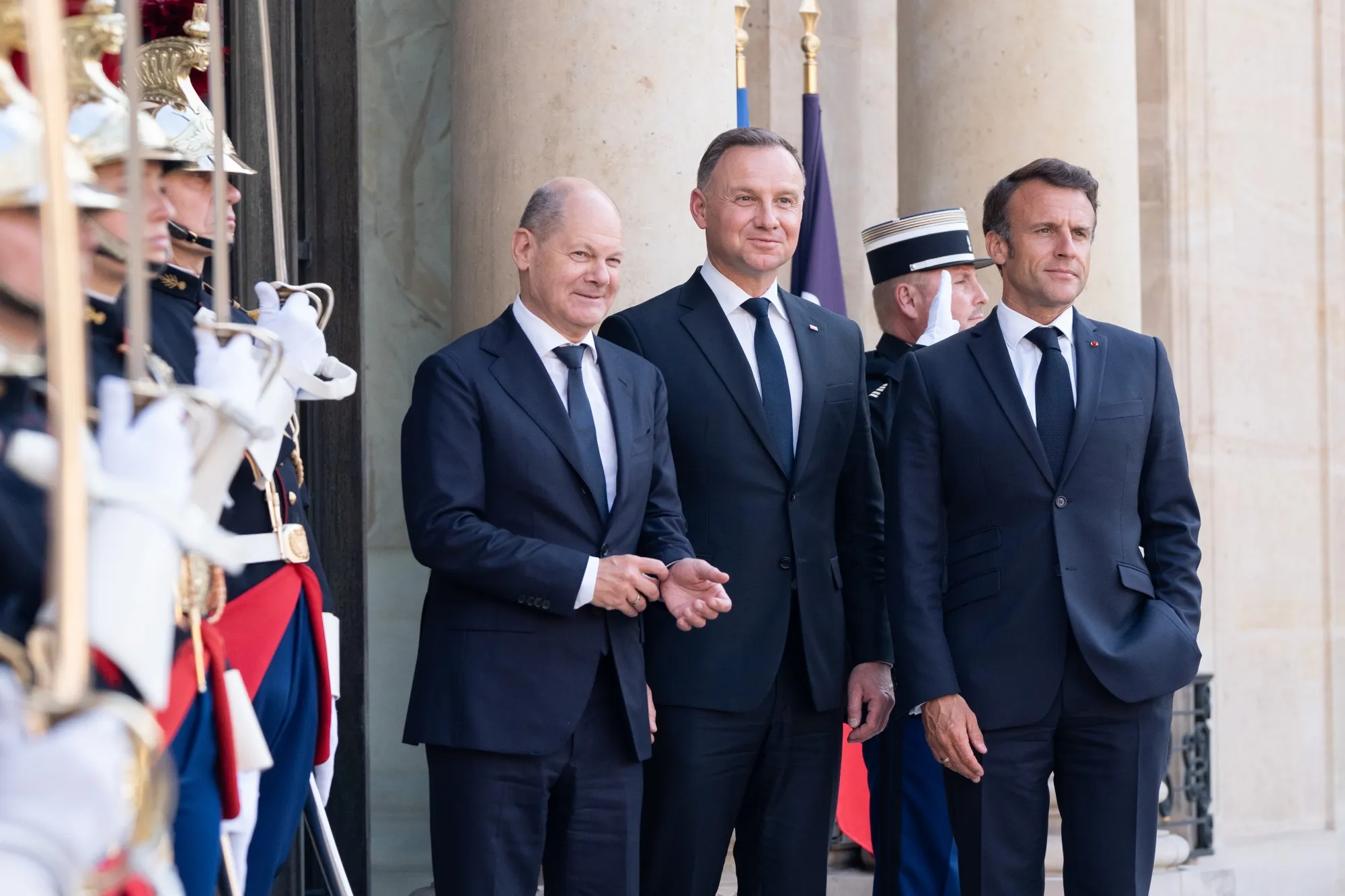 Olaf Scholz, Germany's chancellor, from left, Andrzej Duda, Poland's president, and Emmanuel Macron, France's president, ahead of a trilateral meeting at the Elysee Palace&nbsp;in Paris&nbsp;on Monday.
