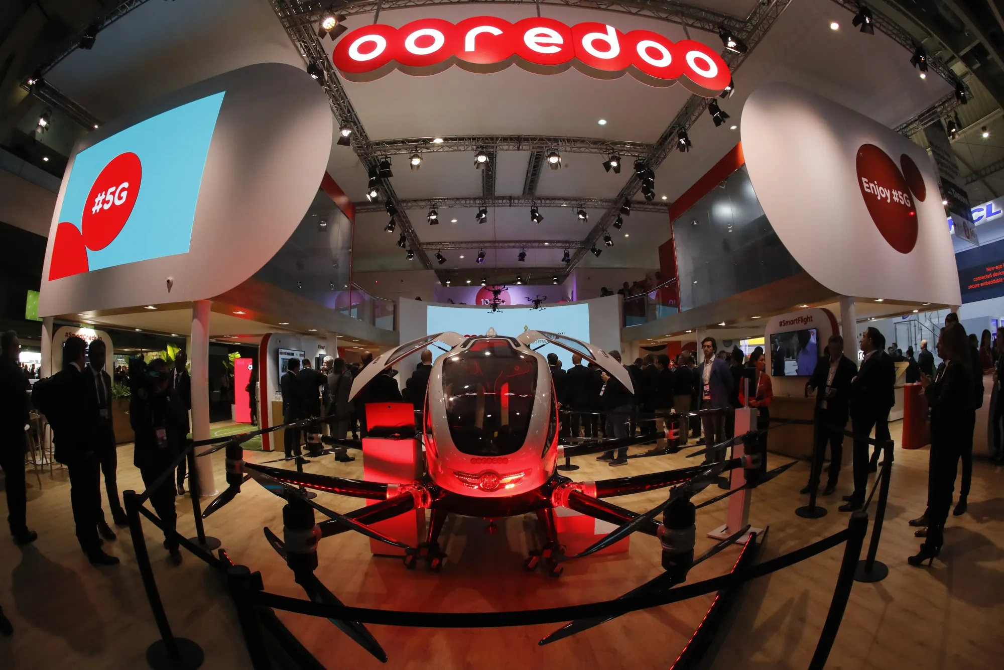 A 5G-enabled self-driving aerial taxi vehicle idisplayed on the Ooredoo Q.S.C. stand at the MWC Barcelona.&nbsp;
