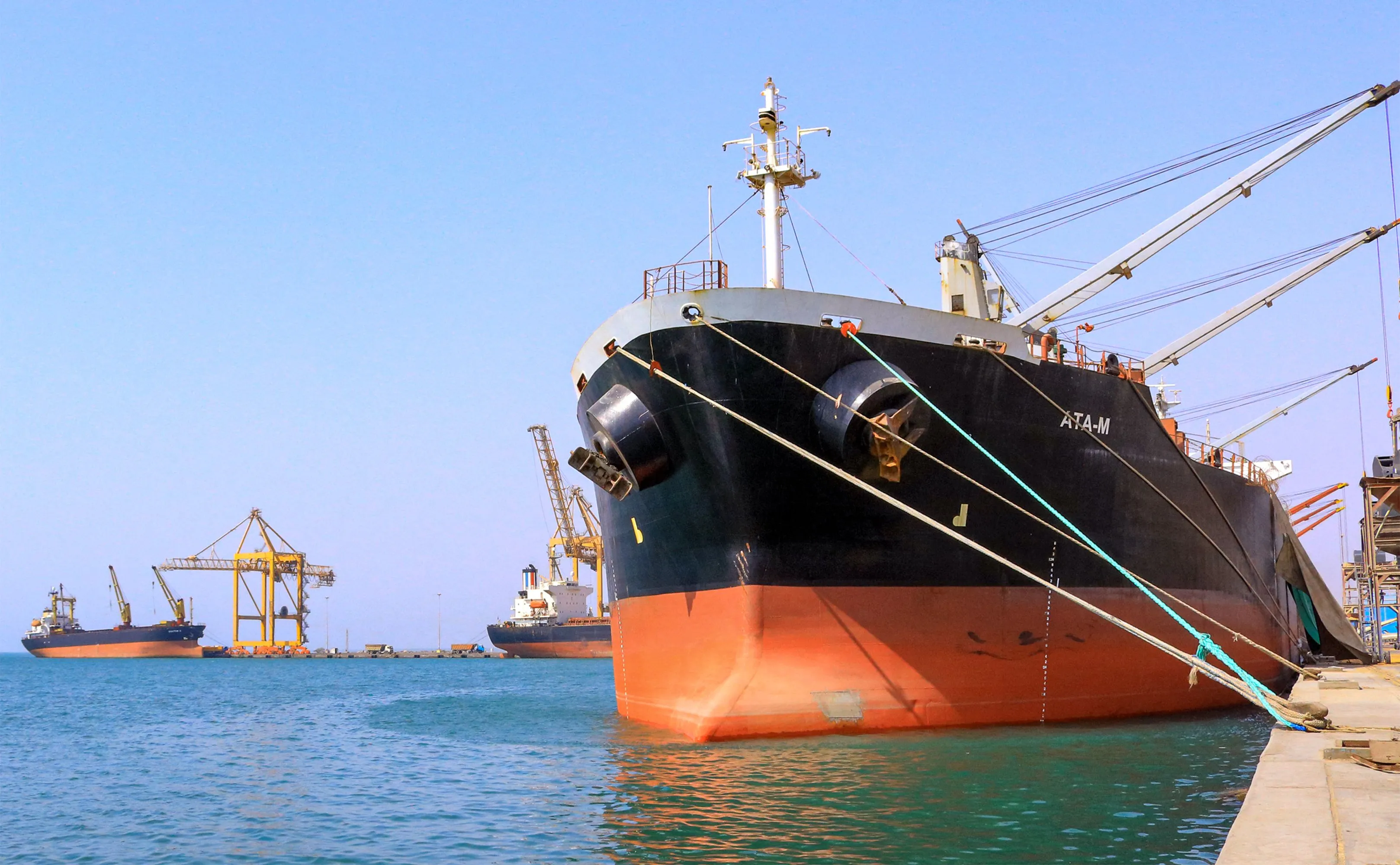 A bulk carrier ship moored at the Red Sea port of Hodeida, Yemen in 2022.