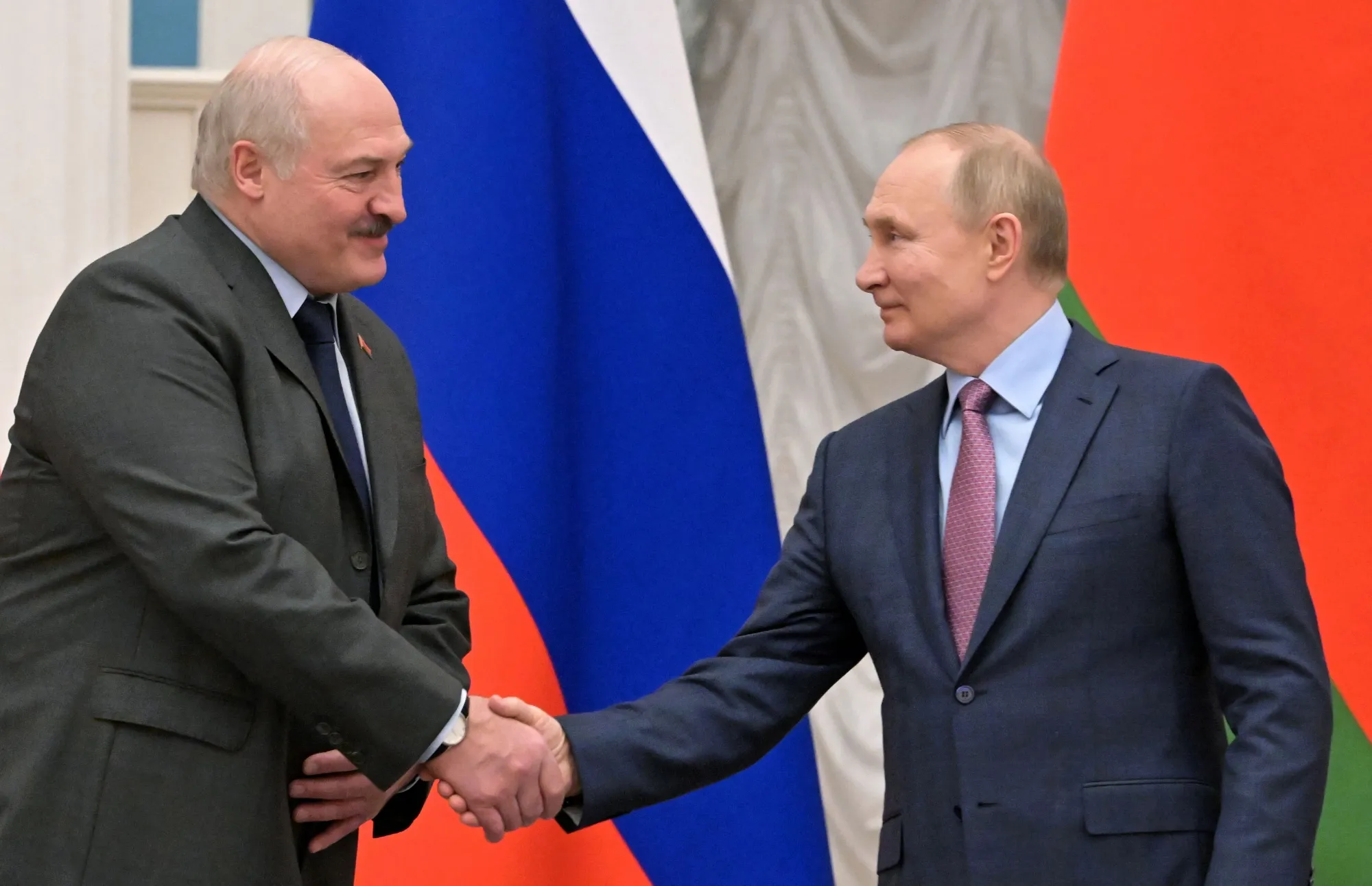 Vladimir Putin, right, and Alexander Lukashenko in Moscow in February.