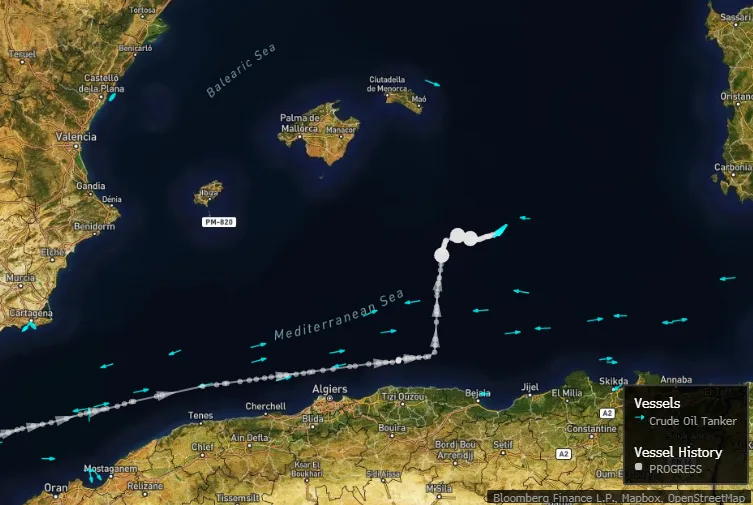 The course of the oil tanker Progress along the North African coast in January 2026.