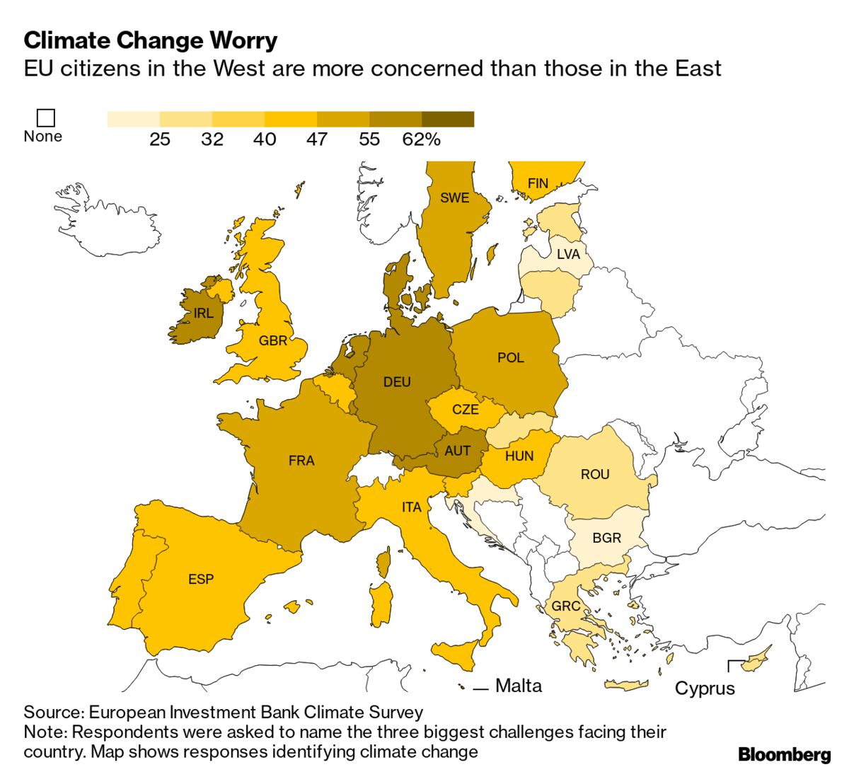 Climate Change Is Europeans’ Top Worry, But Not Everywhere Map Bloomberg