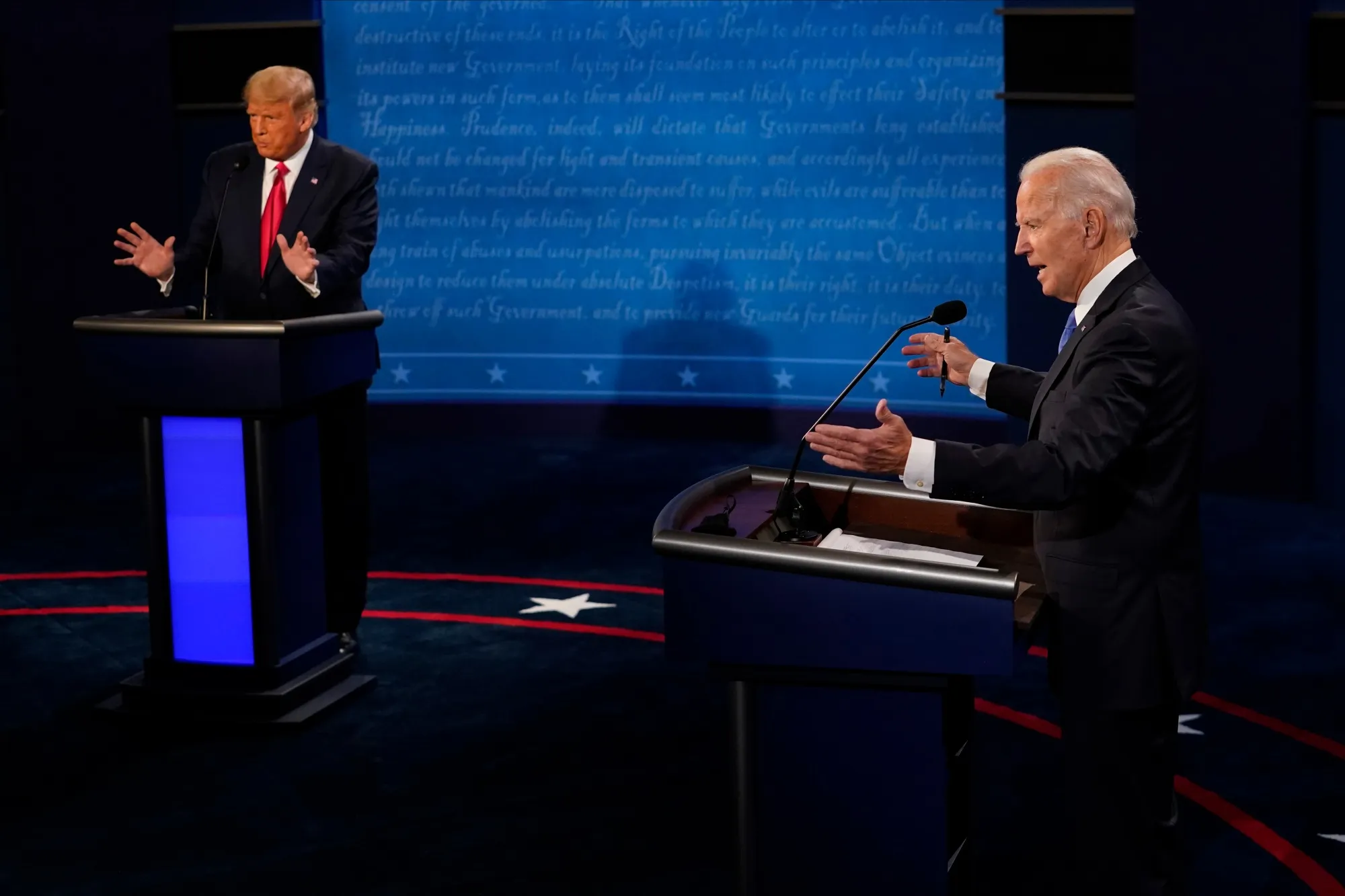 Joe Biden and Donald Trump&nbsp;during a presidential debate in Oct. 2020.