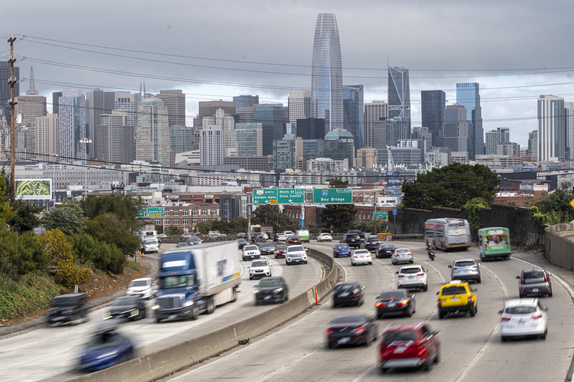 Cars travel northbound on Highway 101 in San Francisco.