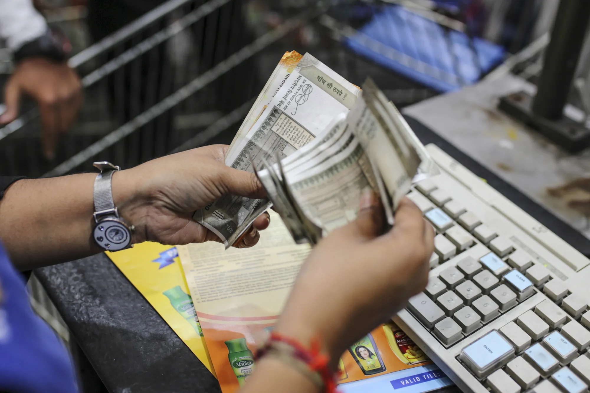 Indian rupee banknotes at a store in Hyderabad.